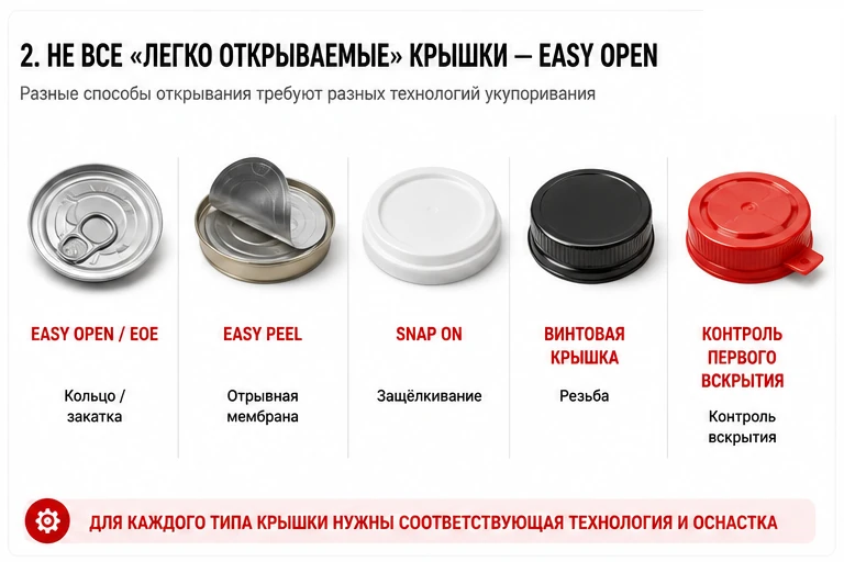 Различия между Easy Open, Easy Peel, Snap On и другими крышками