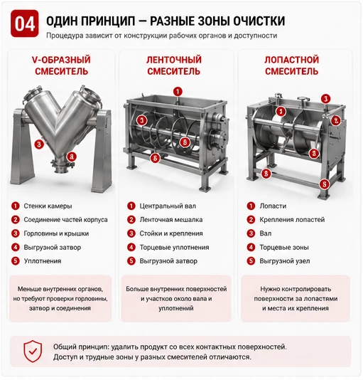 Сравнение зон очистки V-образного, ленточного и лопастного смесителей