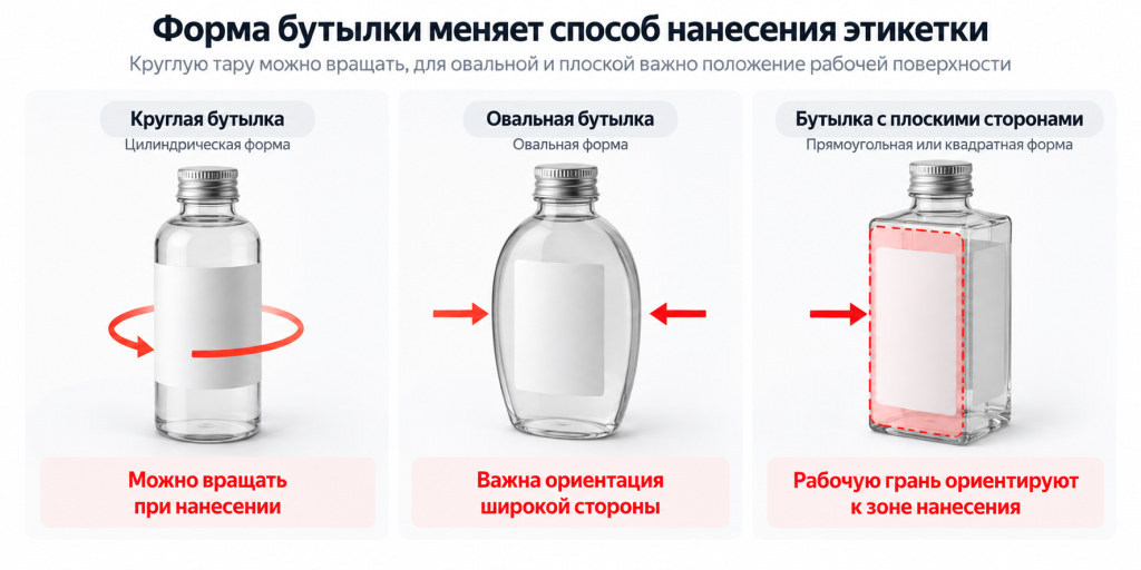 Круглая, овальная бутылка и бутылка с плоскими сторонами — различия при нанесении этикетки