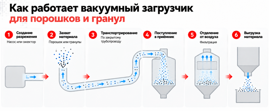 Принцип работы вакуумного загрузчика для порошков и гранул