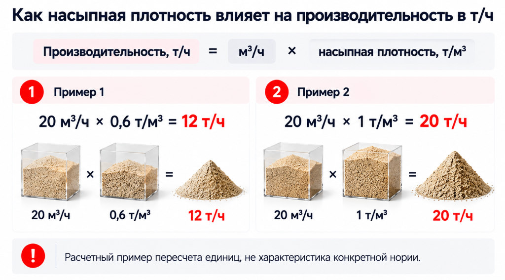Формула пересчета производительности ковшового элеватора из м³/ч в т/ч по насыпной плотности, примеры 12 и 20 т/ч