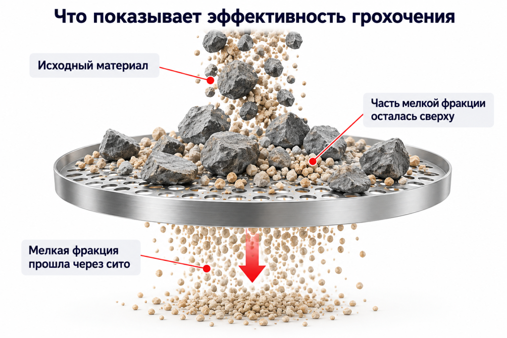 Мелкая фракция проходит через сито, часть мелких частиц остается сверху