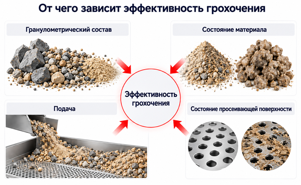 Факторы эффективности грохочения: гранулометрический состав, состояние материала, подача и состояние просеивающей поверхности