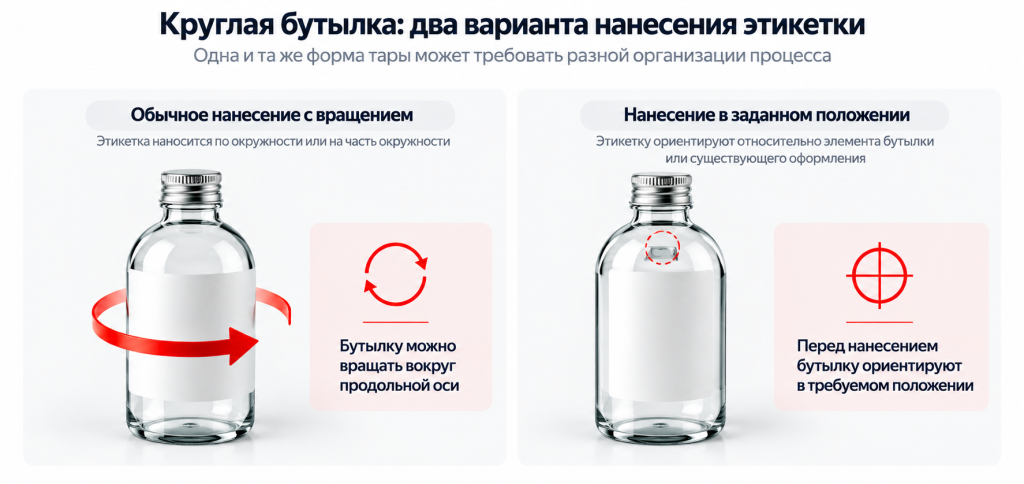 Круглая бутылка — нанесение этикетки с вращением и в заданном положении