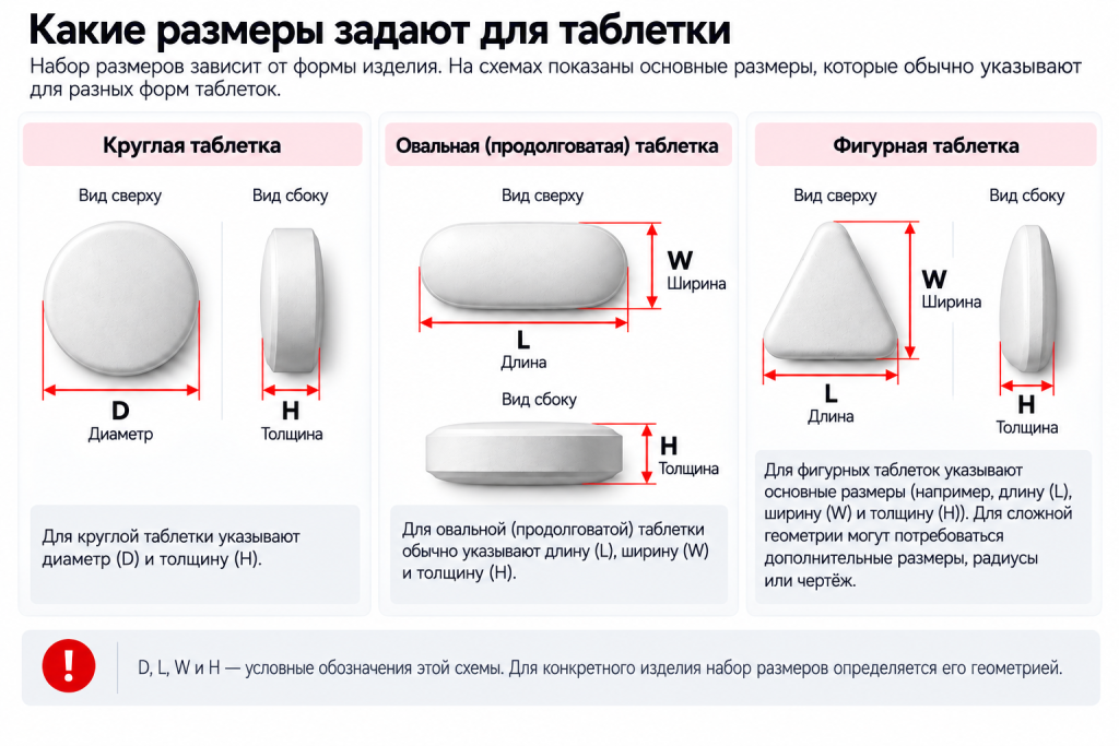 Основные размеры круглых, овальных и фигурных таблеток