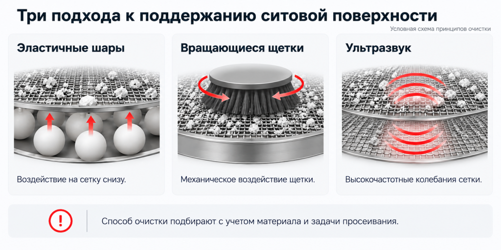 Способы очистки ситовой поверхности: эластичные шары, вращающиеся щетки и ультразвук