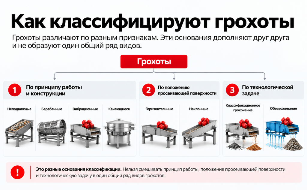Схема классификации грохотов по принципу работы, положению поверхности и технологической задаче