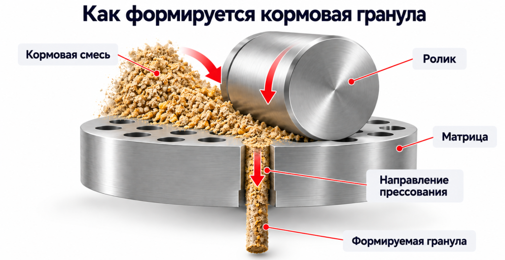 Схема прессования кормовой смеси роликом через отверстие матрицы с выходом формируемой гранулы