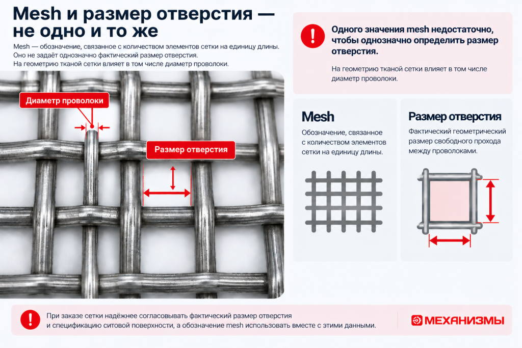 Обозначение mesh, размер отверстия и диаметр проволоки тканой сетки