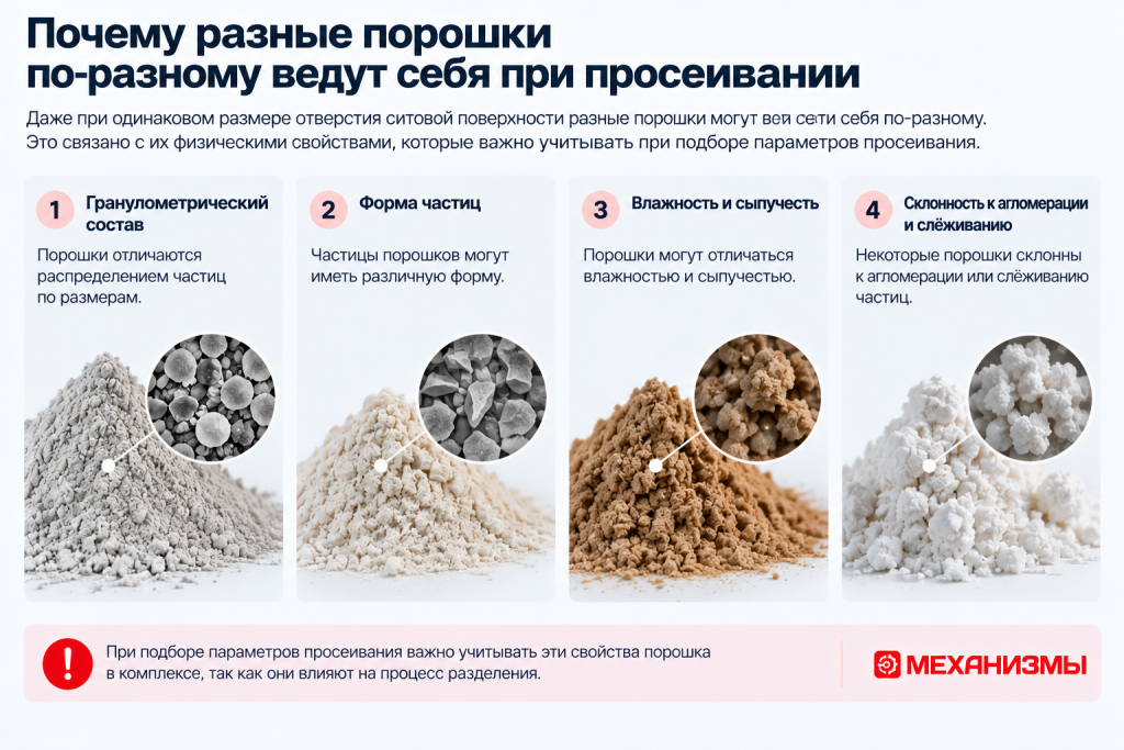 Гранулометрический состав, форма частиц, влажность и сыпучесть порошка