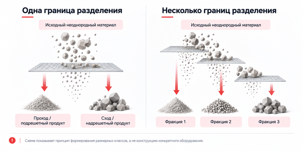 Как формируются проход, сход и несколько фракций при грохочении Схема одной и нескольких границ разделения с проходом, сходом и фракциями