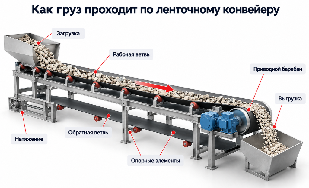 Схема движения груза по ленточному конвейеру от загрузки до выгрузки